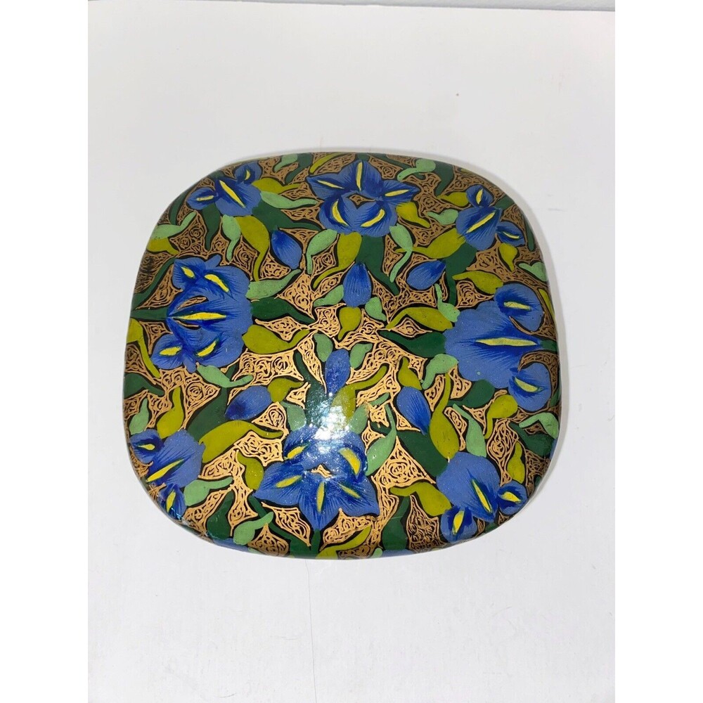 Hand Painted Wooden Box Irises Gold And Green Design - Picture 3 of 10